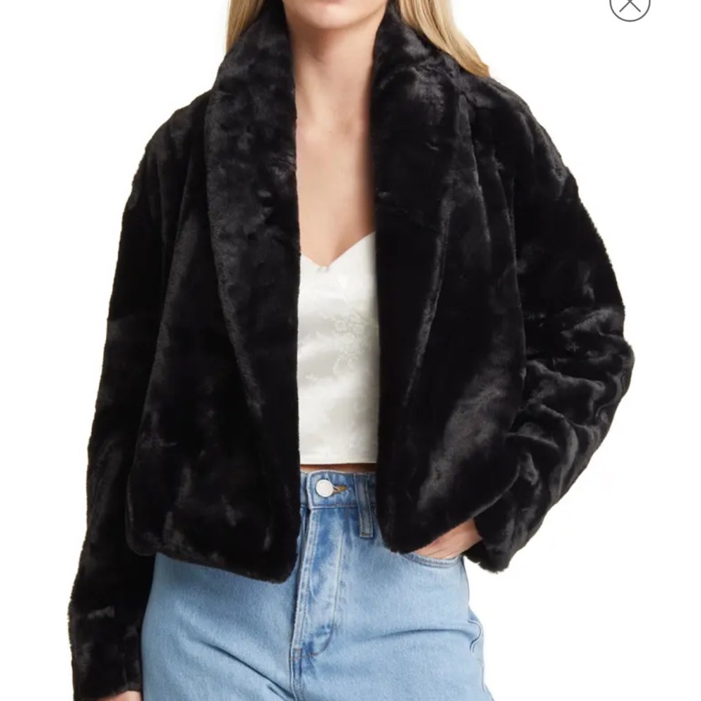 BLANKNYC Shawl Collar Faux Fur Crop Jacket